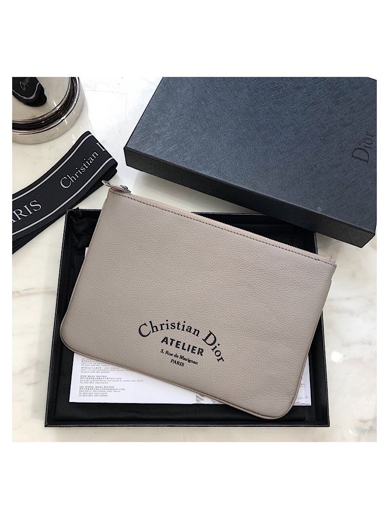 Dior Flat Pouch In Beige Grained Calfskin