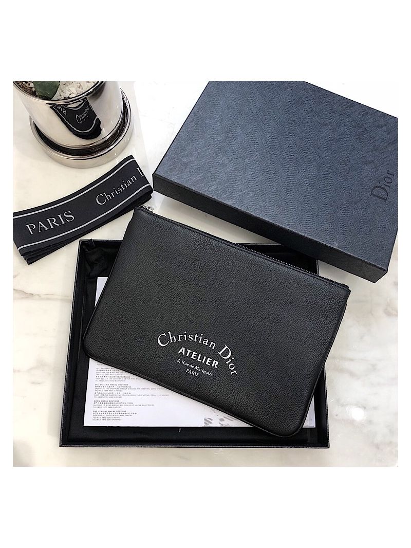 Dior Flat Pouch In Black Grained Calfskin