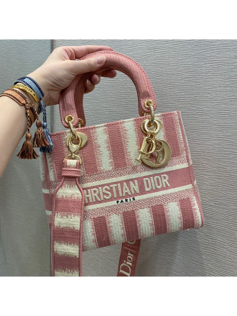 Dior Medium Lady D-lite Bag Pink D-Stripes Embroidery