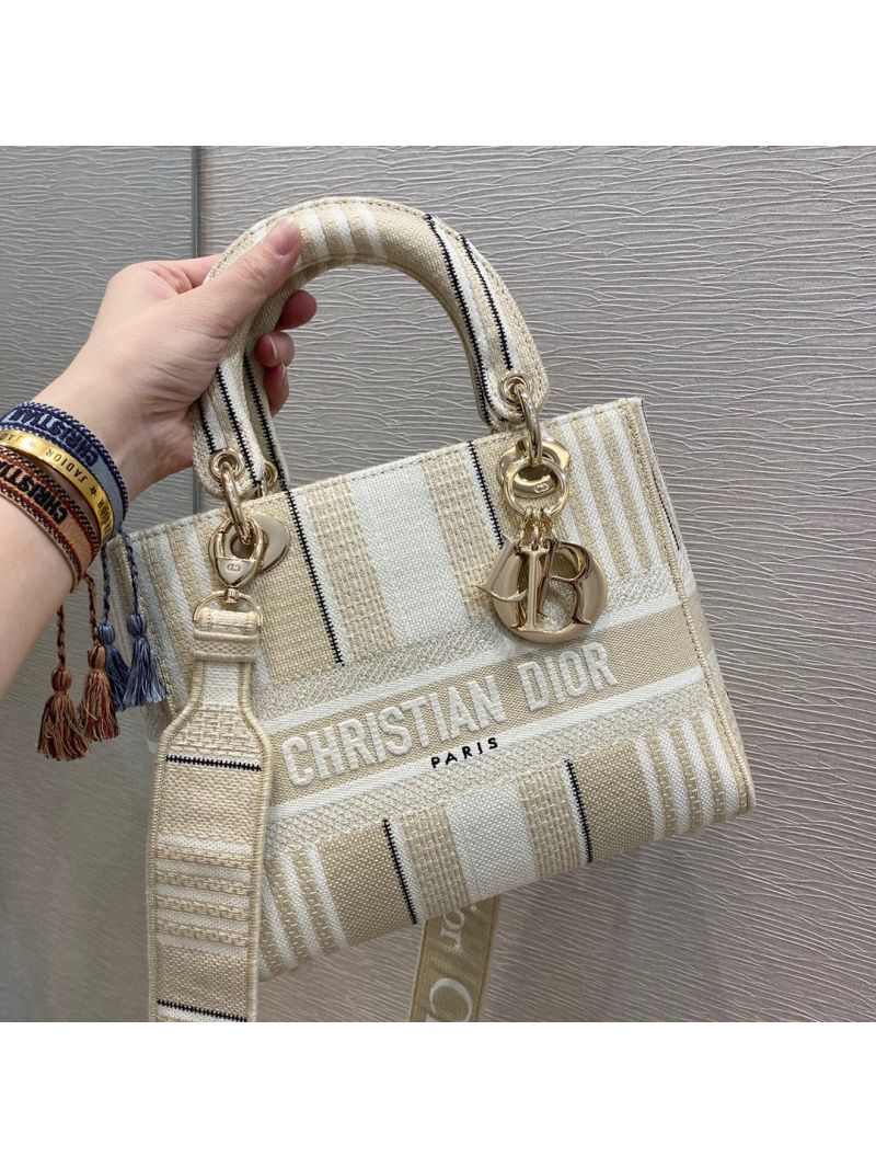 Dior Medium Lady D-lite Bag Beige D-Stripes Embroidery