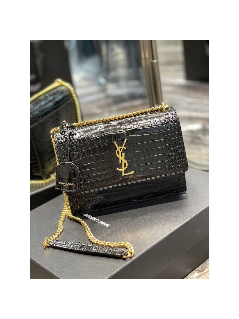 YSL Saint Laurent Medium Sunset Monogram Crocodile embossed bag in Black w Gold Hardware