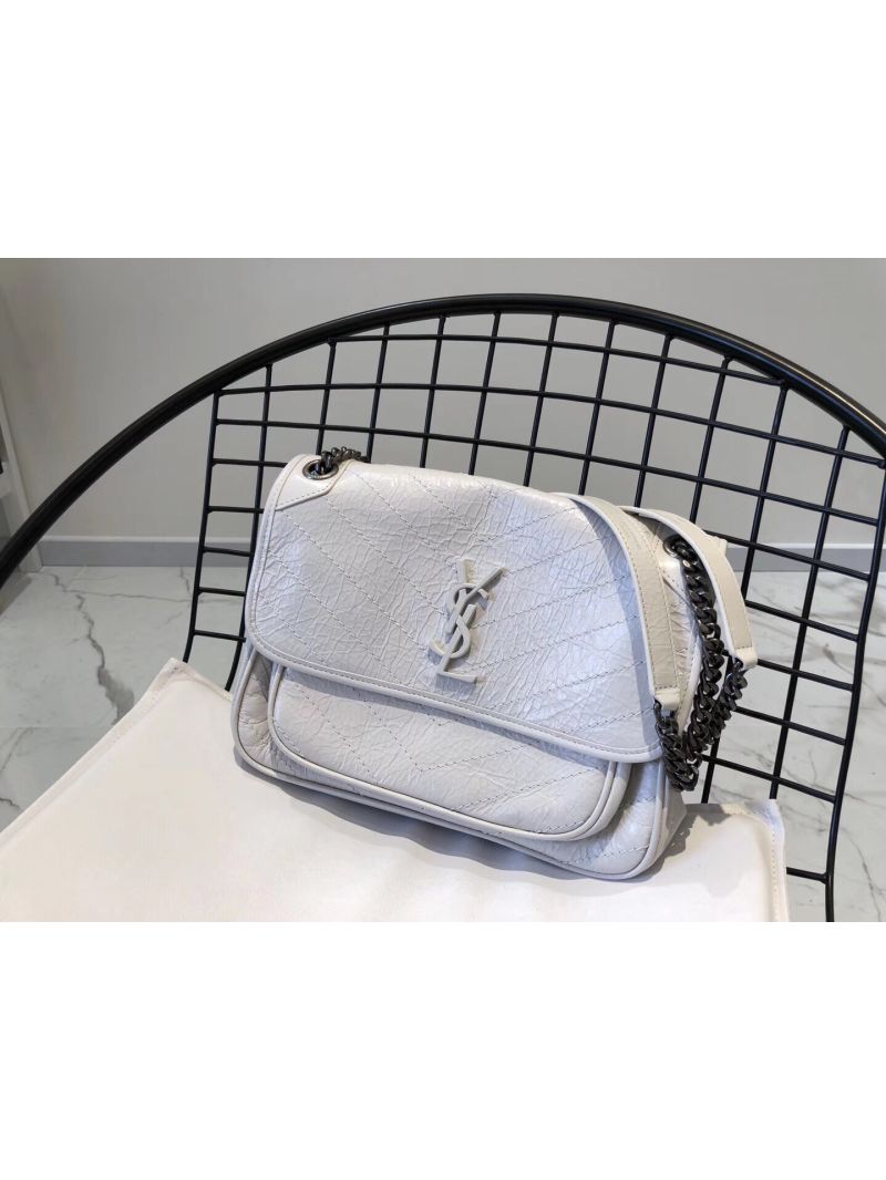 YSL Saint Laurent Niki Chain Bag In Vintage Crinkled And Quilted Leather 498894 Pearl White