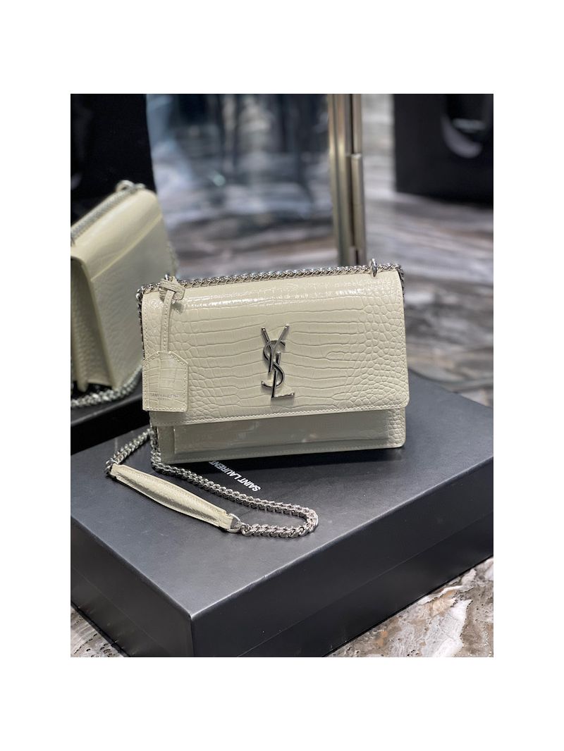 YSL Saint Laurent Medium Sunset Monogram Crocodile embossed bag in Blanc w Silver Hardware