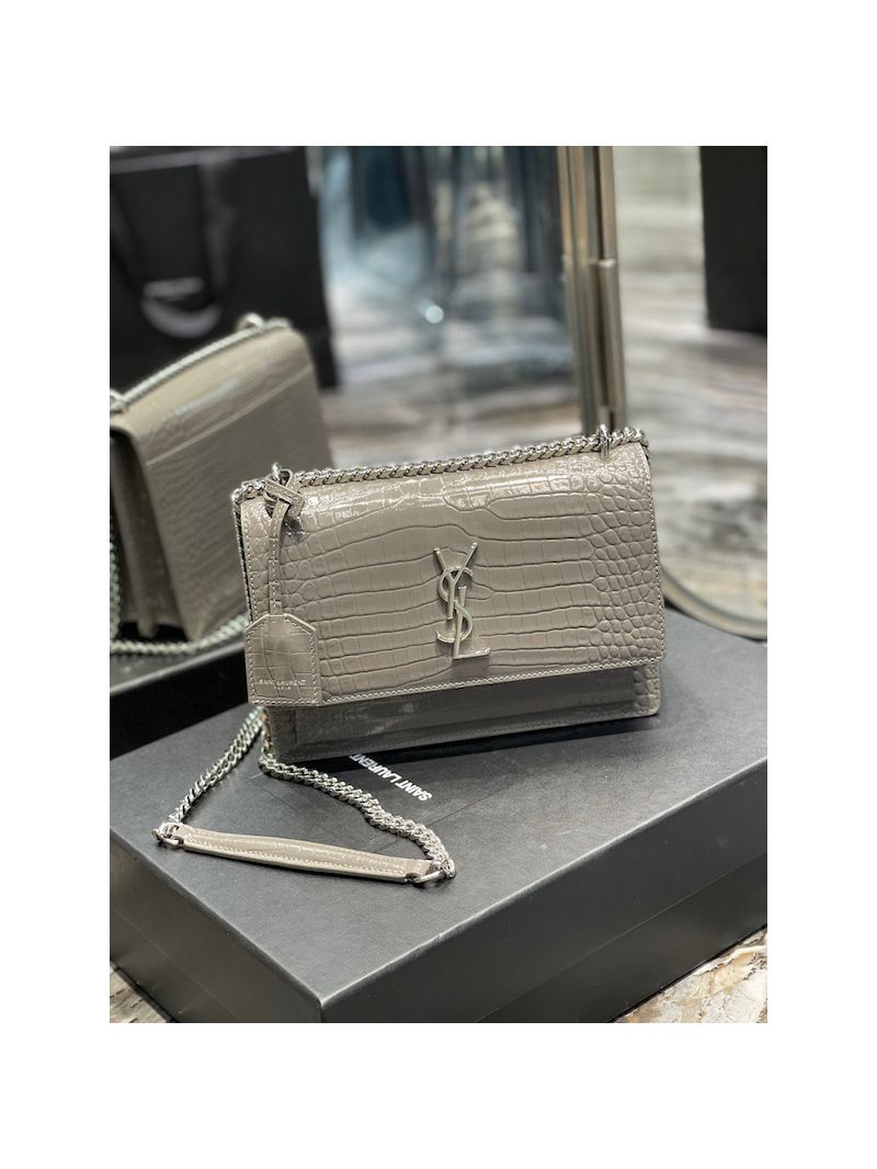 YSL Saint Laurent Medium Sunset Monogram grey crocodile embossed bag