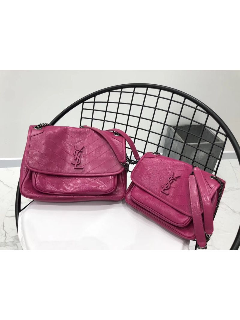 YSL Saint Laurent Niki Chain Bag In Vintage Crinkled And Quilted Leather 498894 Rosy Pink