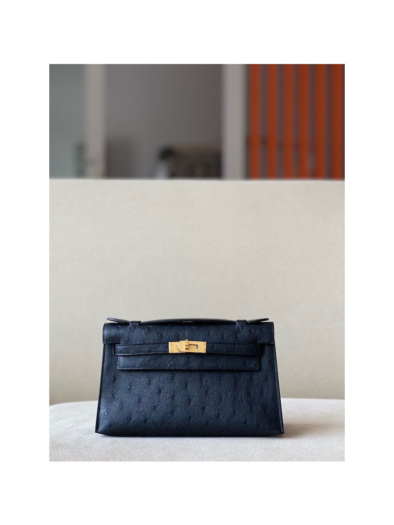 Hermes Kelly Pochette Clutch Bag in Ostrich Leather Black