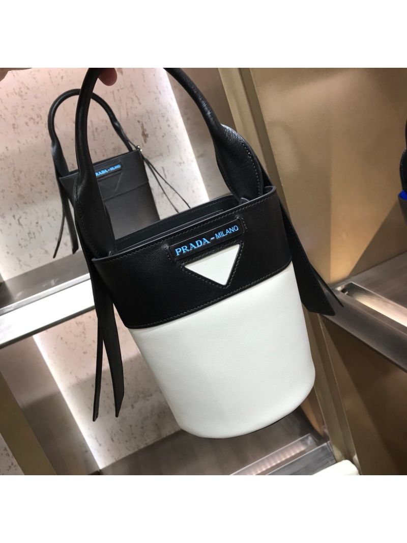 Prada Ouverture Leather Bucket Bag 1BE015 White