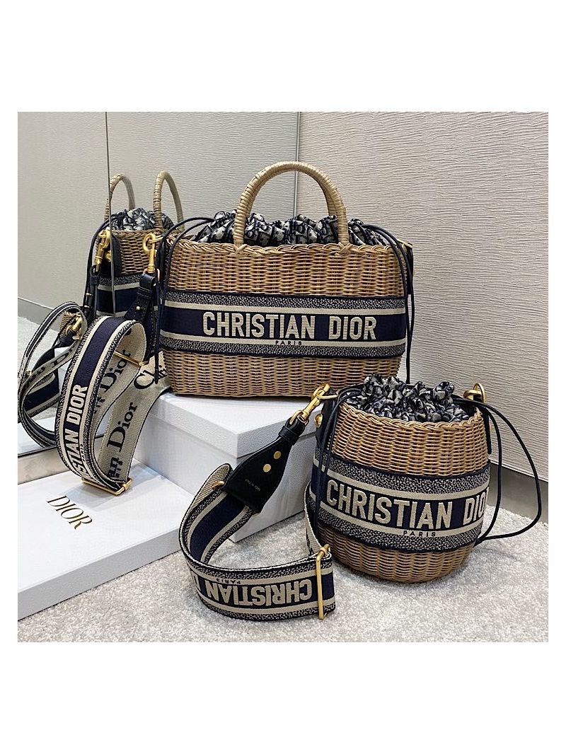 Dior Wicker Basket Bag Blue Oblique Jacquard and Natural Wicker M7601