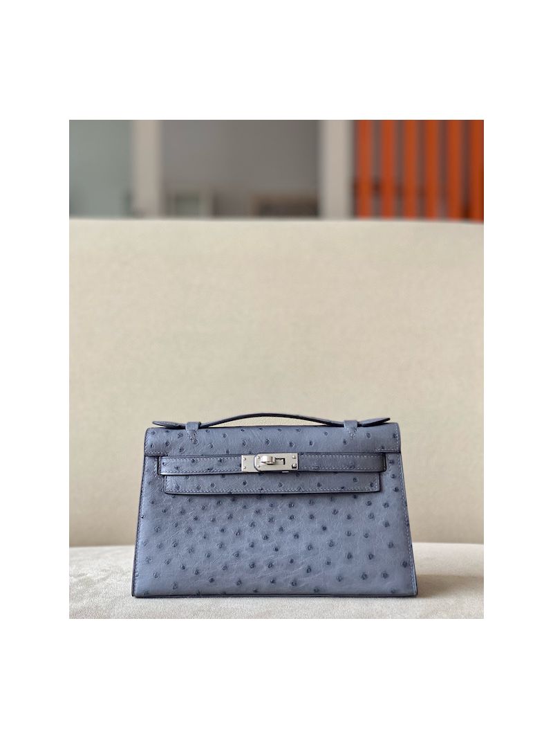 Hermes Kelly Pochette Clutch Bag in Ostrich Leather 82 Agate SF