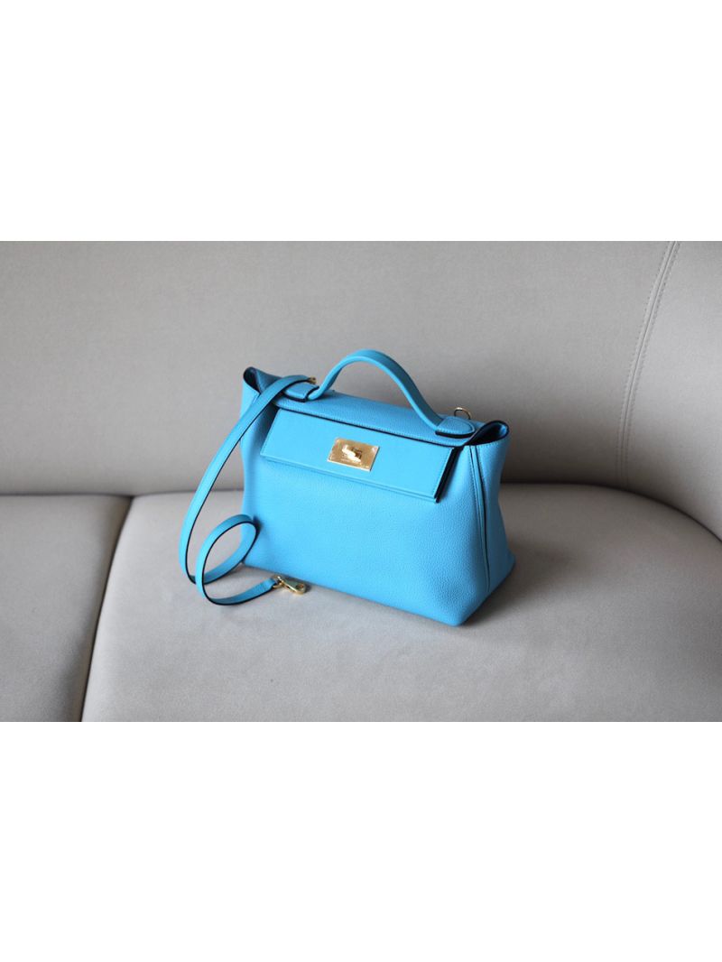Hermes 24/24 Kelly Slouchy Swift & Togo Leather Blue De Nord