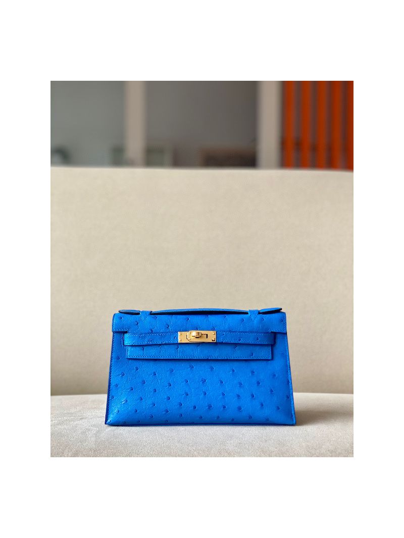 Hermes Kelly Pochette Clutch Bag in Ostrich Leather Mykonos