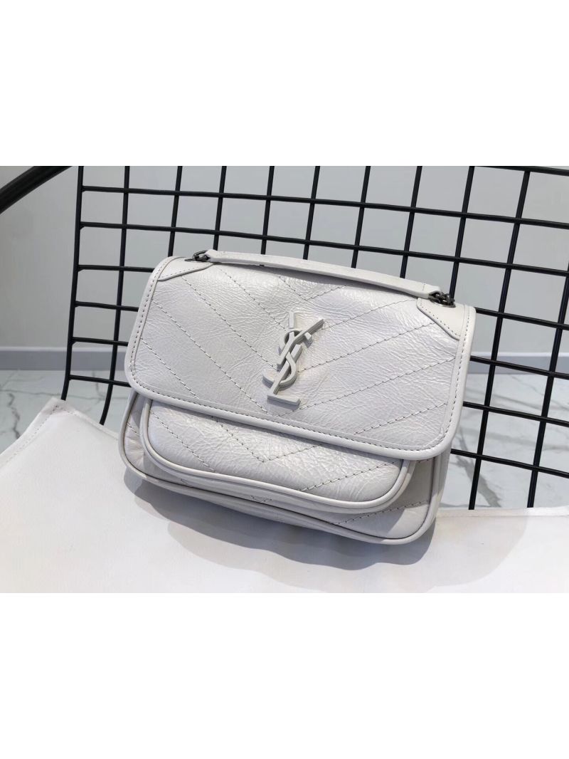 YSL Saint Laurent Niki Baby In Crinkled Vintage Leather 533037 Pearl White