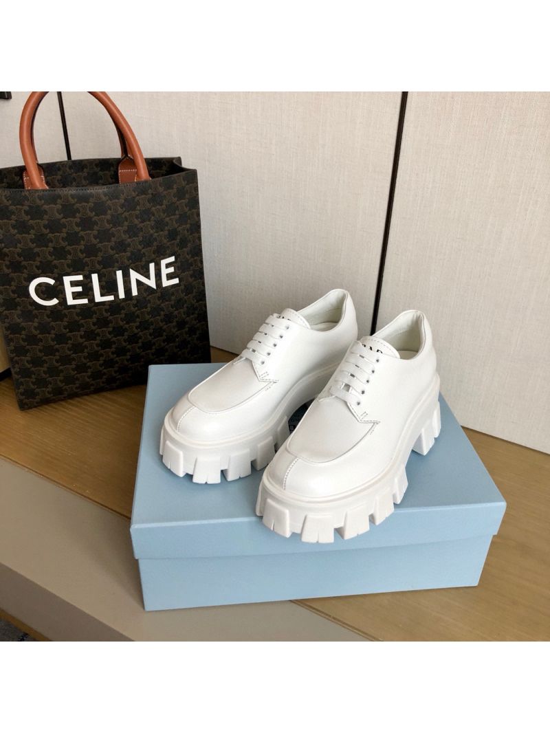 Prada Monolith Brushed Leather Lace-Up Shoes 1E708L White