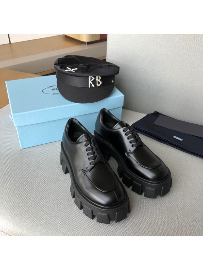 Prada Monolith Brushed Leather Lace-Up Shoes 1E708L Black