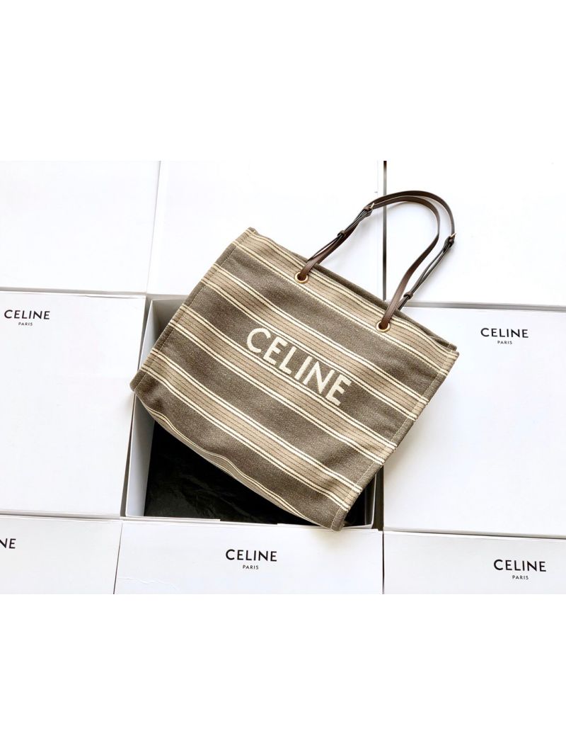 Celine Squared Cabas Celine In Striped Jacquard and Calfskin 192172 Grey Brown