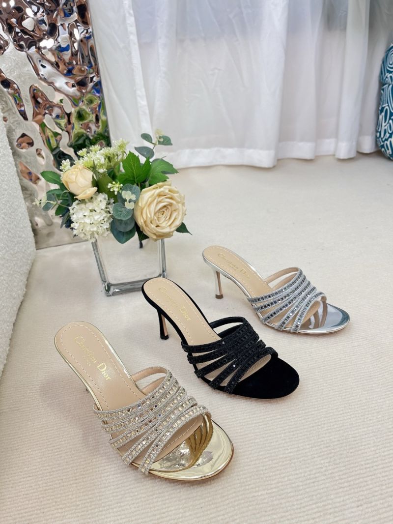 Dior Gem Heeled Slide Embroidered with Metallic Thread and Square Strass KCQ789S Gold