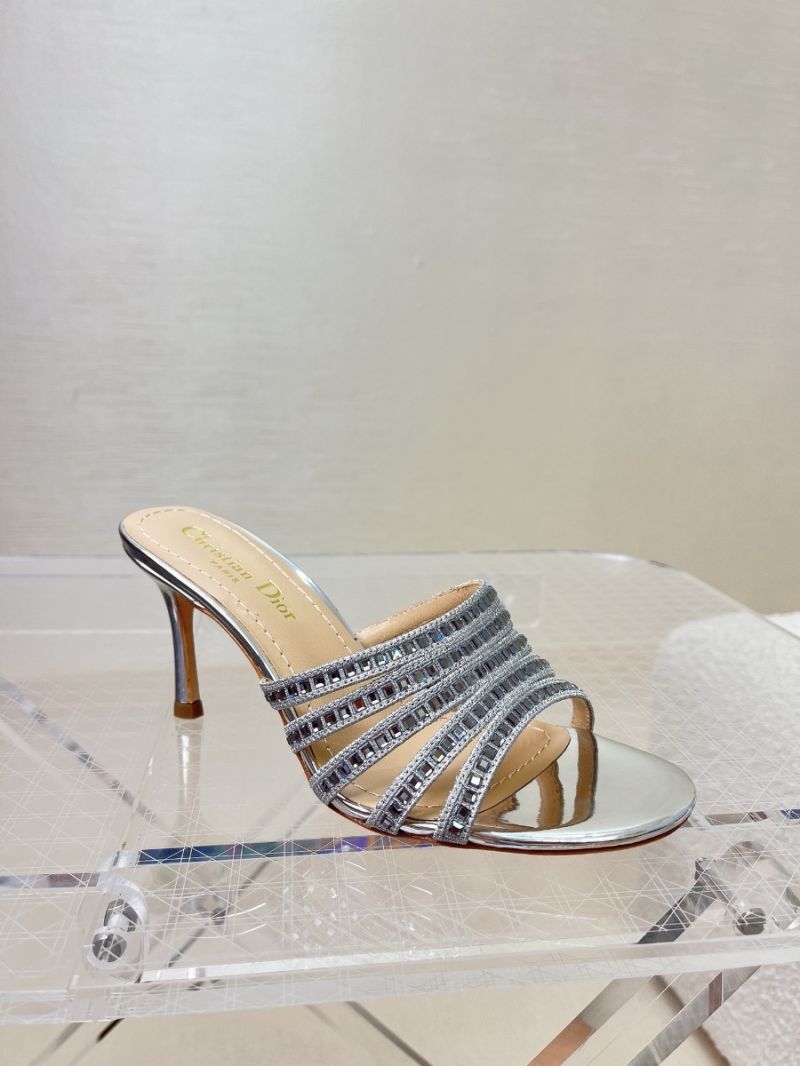 Dior Gem Heeled Slide Embroidered with Metallic Thread and Square Strass KCQ789S Silver