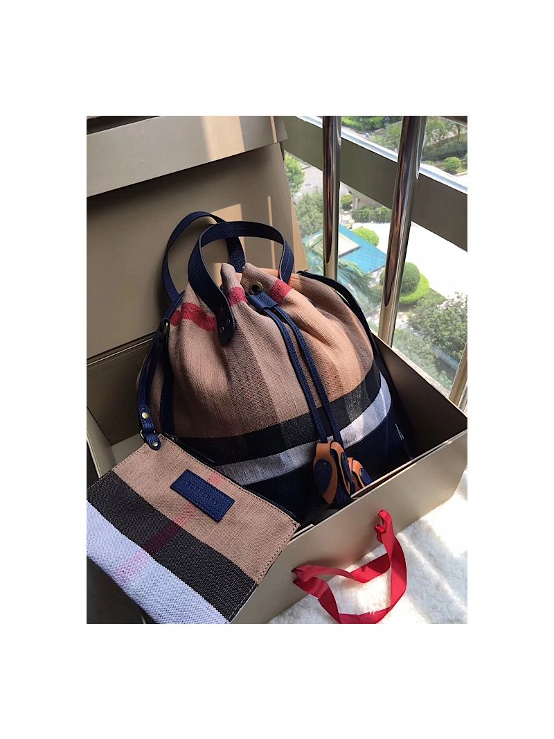 Burberry Canvas Check and Leather Bucket Bag Blue 