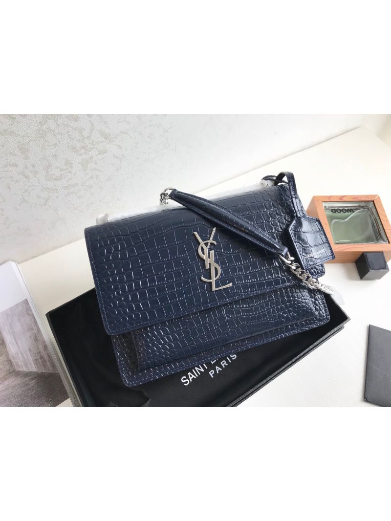 YSL Saint Laurent Medium Sunset Monogram Dark Blue crocodile embossed bag
