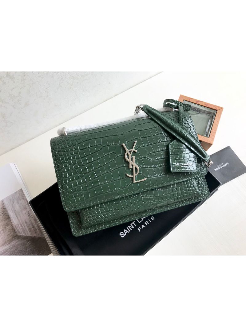 YSL Saint Laurent Medium Sunset Monogram green crocodile embossed bag