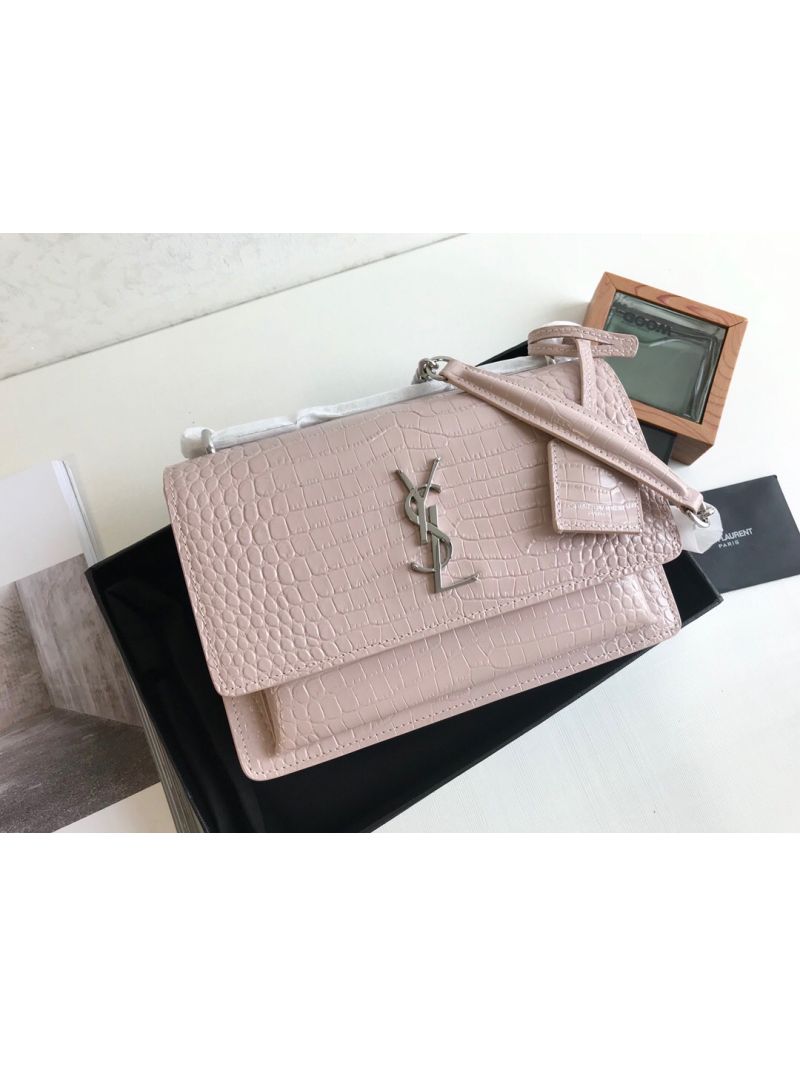 YSL Saint Laurent Medium Sunset Monogram pink crocodile embossed bag