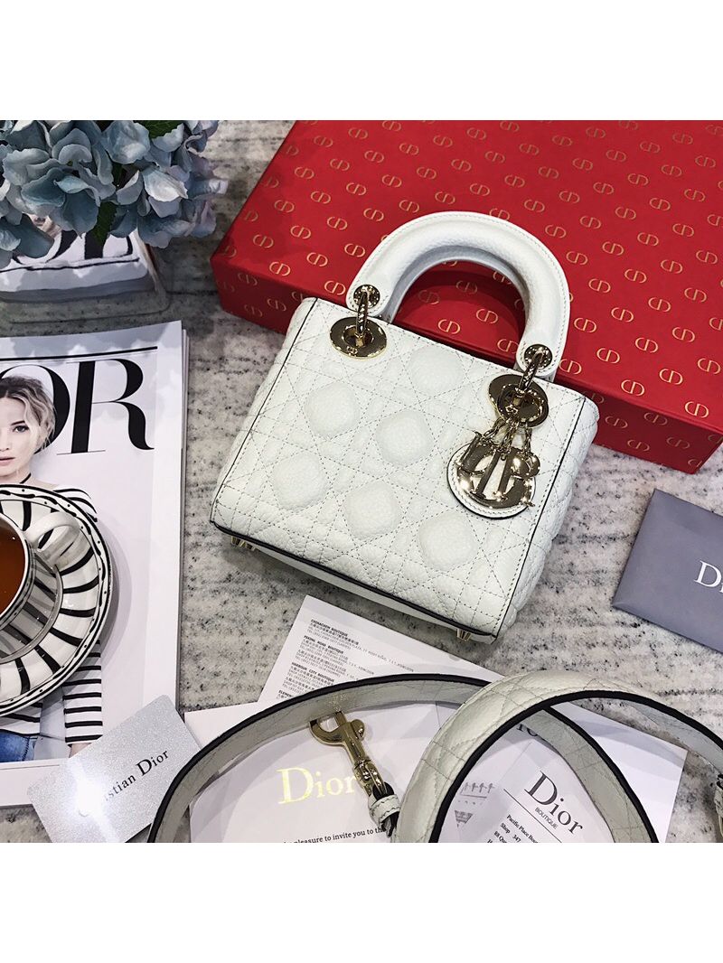 Dior Mini Lady Dior in Grained Calfskin White