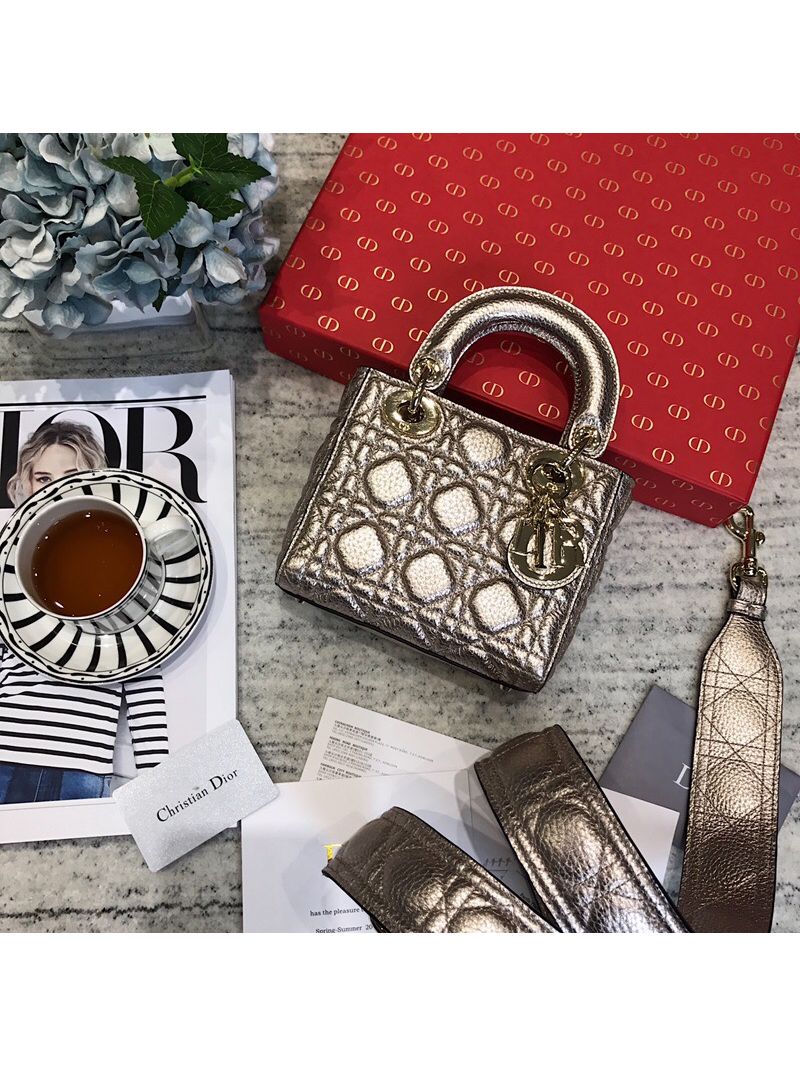 Dior Mini Lady Dior in Grained Calfskin Metallic Champagne Gold