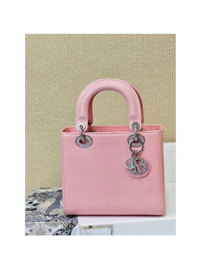 Dior Lizard Leather Small Lady Dior Bag in Rose Sakura with Crystals 
