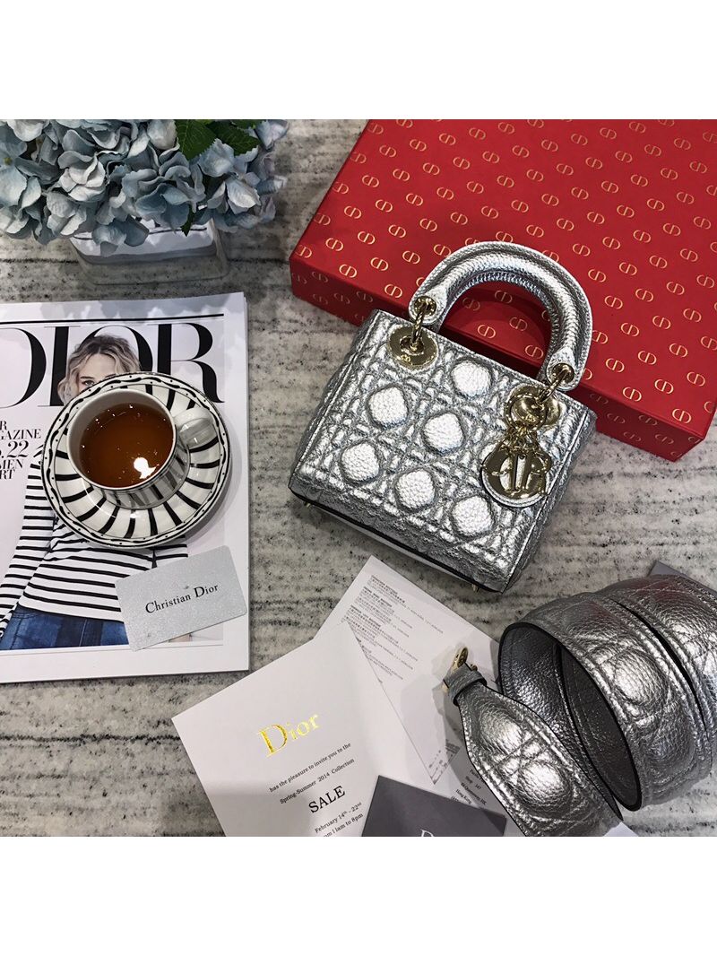 Dior Mini Lady Dior in Grained Calfskin Metallic Silver