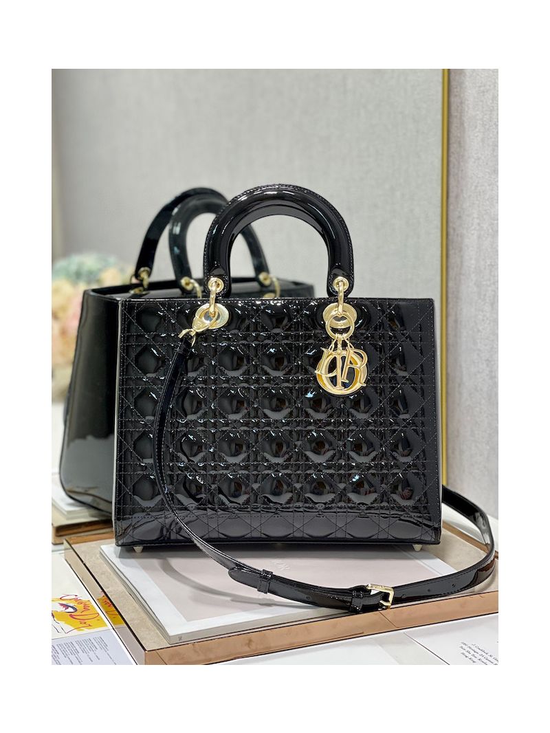Dior Large Flap Cover Lady Dior Bag in Black Patent Cannage Calfskin M0566