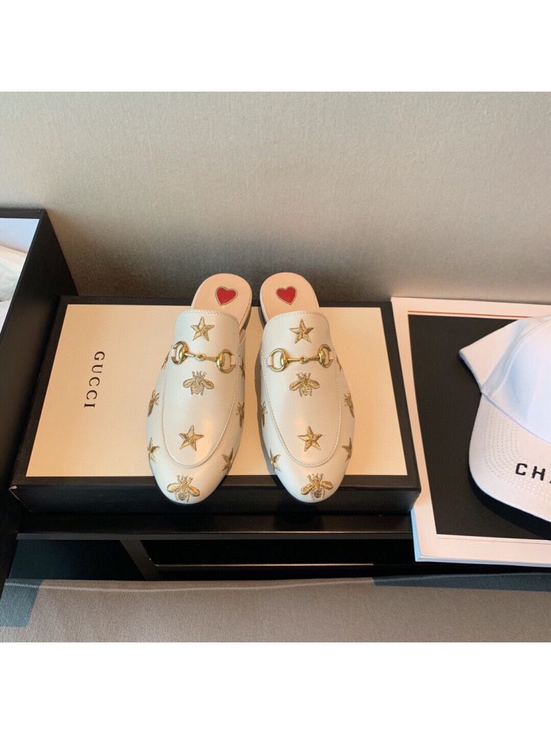 Gucci Princetown Embroidered Leather Slipper 505268 White