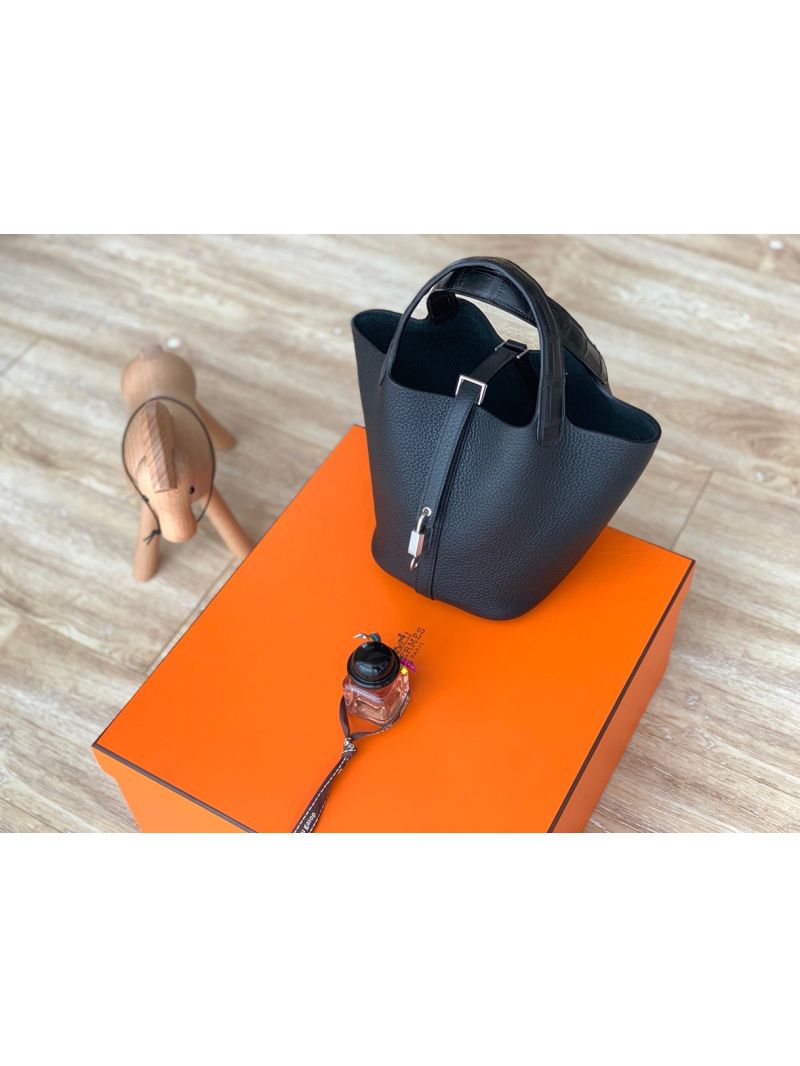 Hermes Picotin Lock bag Black Clemence leather with Croc Handles