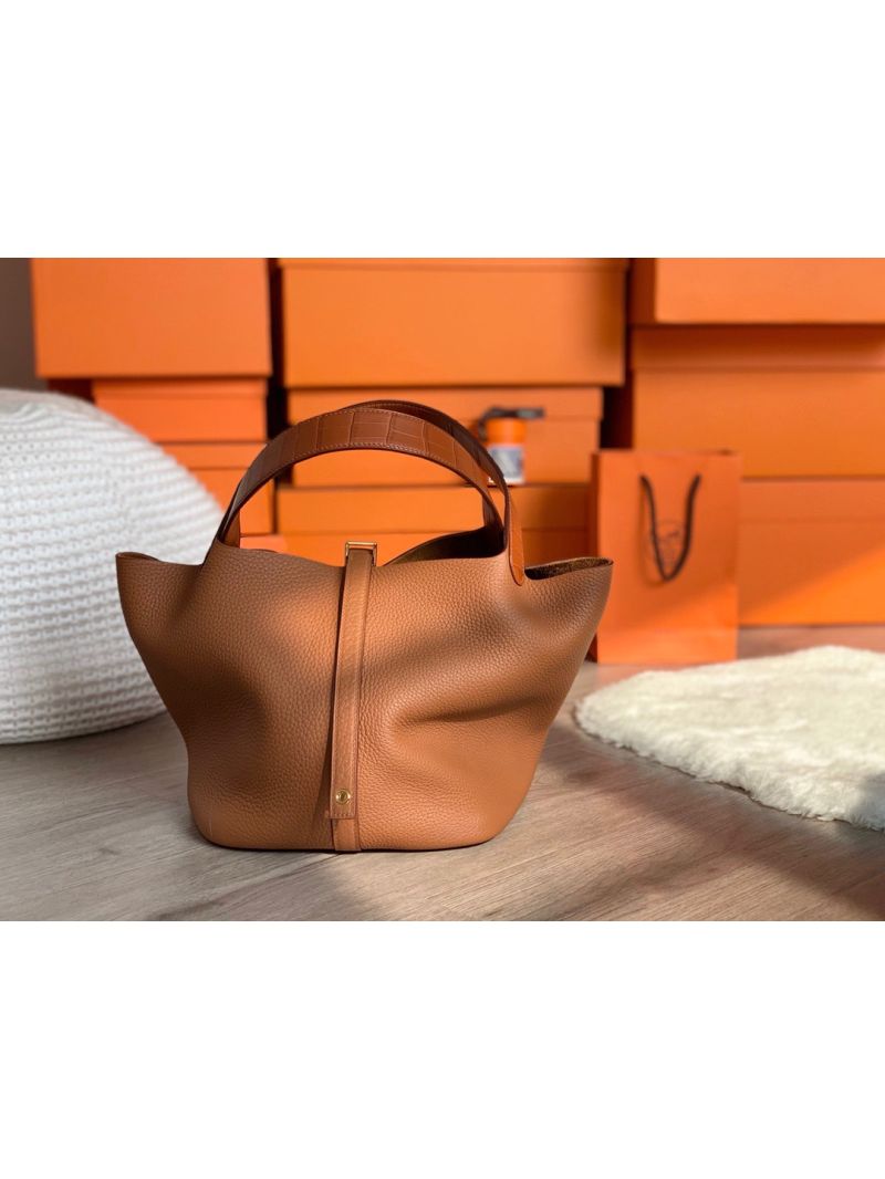 Hermes Picotin Lock bag Brown Clemence leather with Croc Handles