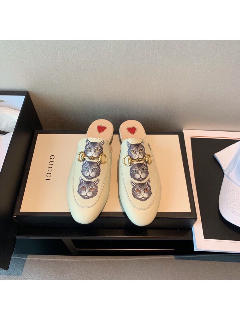 Gucci Princetown Leather Slipper 505268 White with Kitty Print 