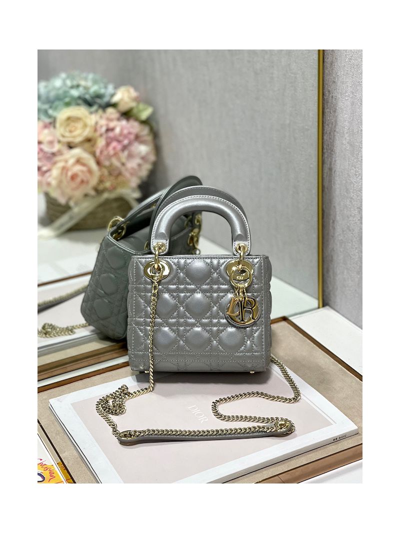 DIor Mini lady dior bag with chain in opal grey pearly cannage lambskin