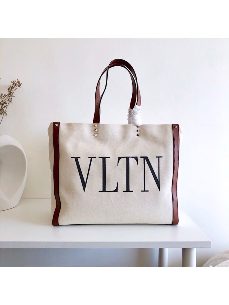 Valentino VLTN Ivory Canvas Shopping Bag 2B0C89 Burgundy Brown