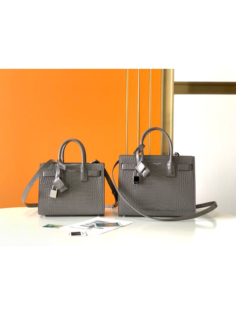 YSL Saint Laurent Classic Sac De Jour Baby Nano In Embossed  Crocodile Shiny Leather 421863 Grey