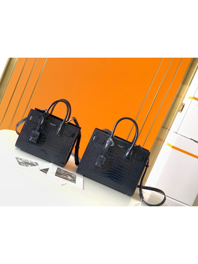 YSL Saint Laurent Classic Sac De Jour Baby Nano In Embossed  Crocodile Shiny Leather 421863 Navy Blue