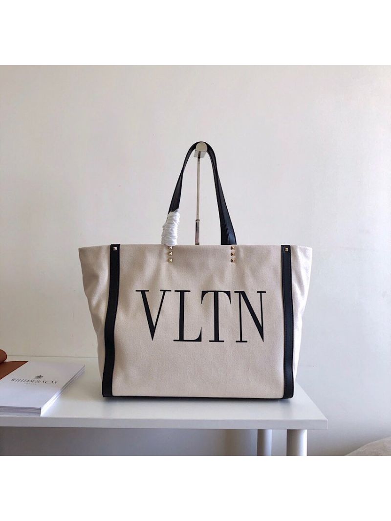 Valentino VLTN Ivory Canvas Shopping Bag 2B0C89 Black