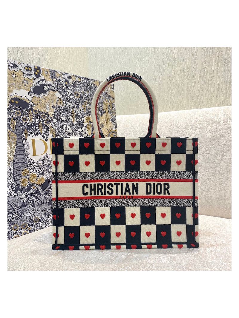 Dior Book Tote bag in Black, White and Red D-Chess Heart Embroidery