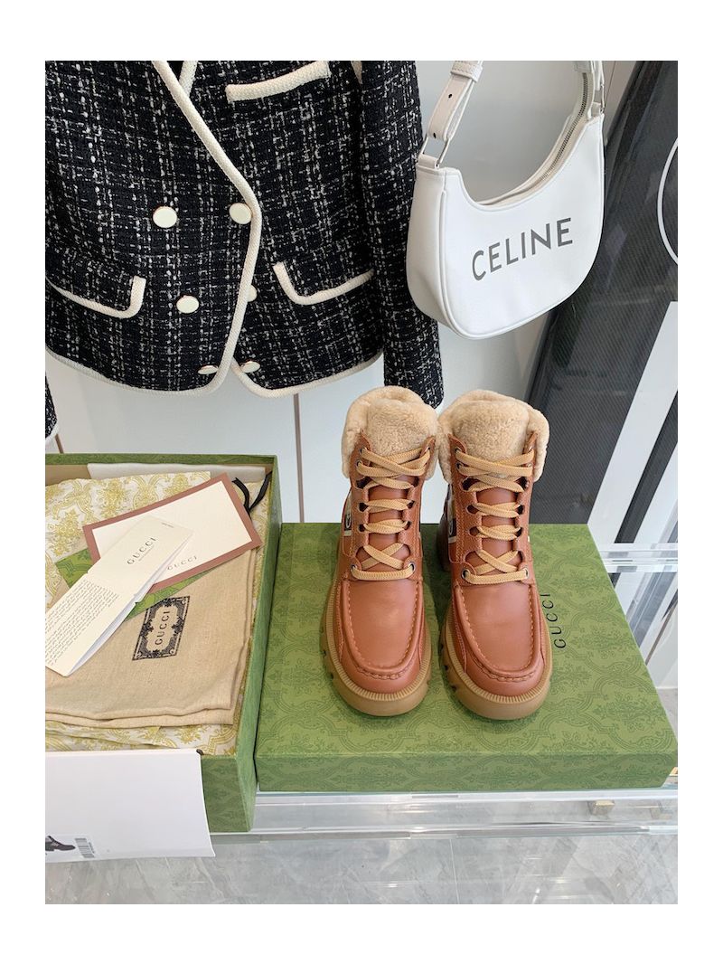 Gucci Women's Ankle Boot With Stripe with Merino Wool 670406 Brown Leather