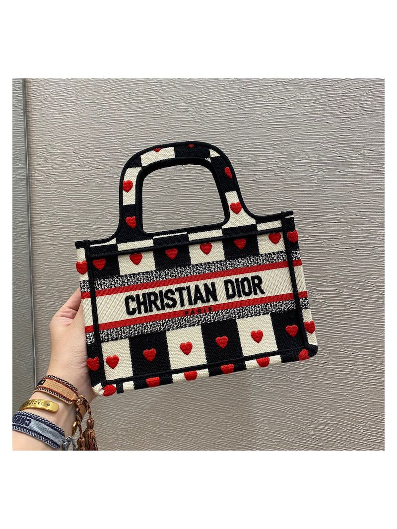 Dior Mini Book Tote S5475 Black, White and Red D-Chess Heart Embroidery