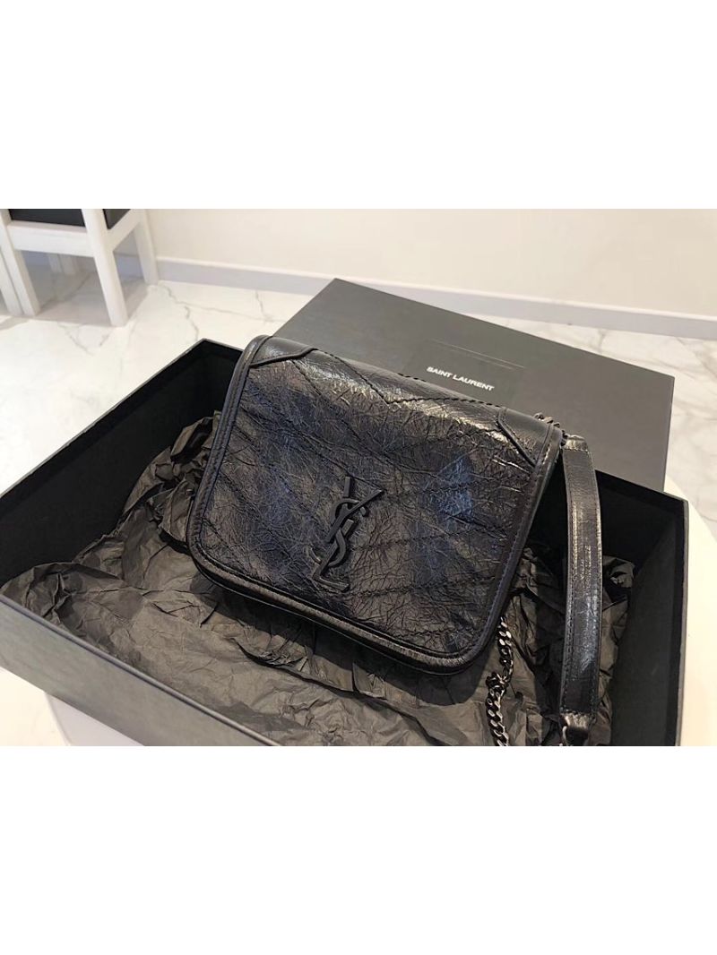 YSL Saint Laurent Niki Chain Wallet In Crinkled Vintage Leather 583103 Black