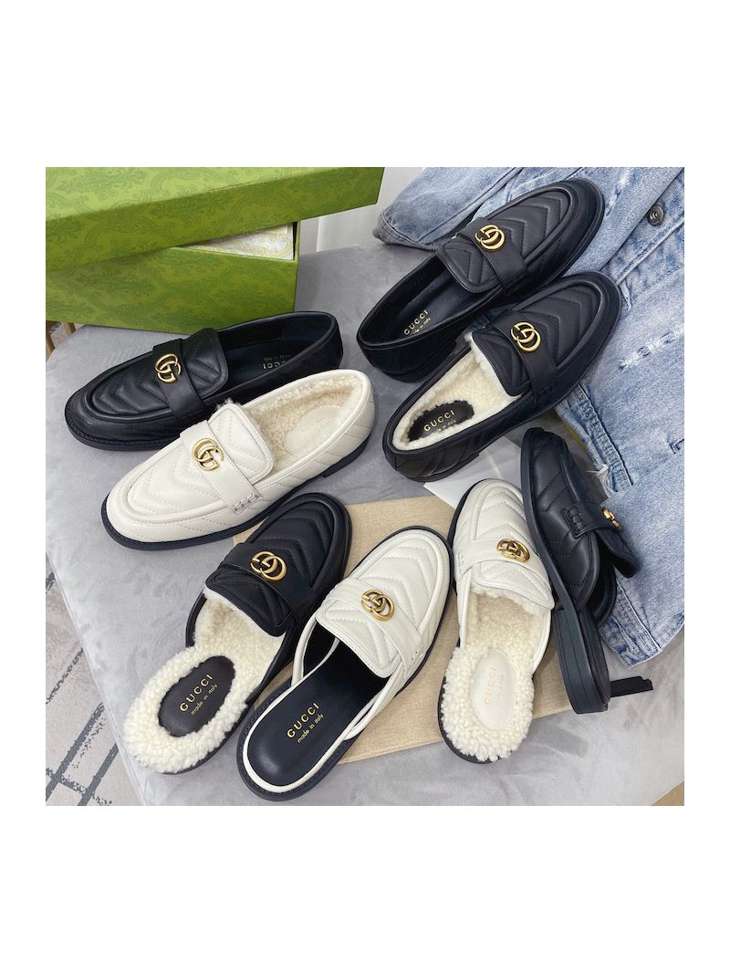 Gucci Aria Slipper With Double G 670400 Black Chevron Matelasse Leather