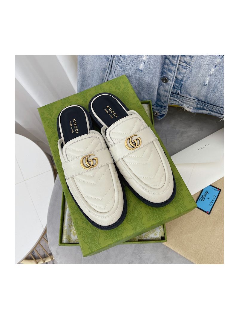 Gucci Aria Slipper With Double G 670400 White Chevron Matelasse Leather