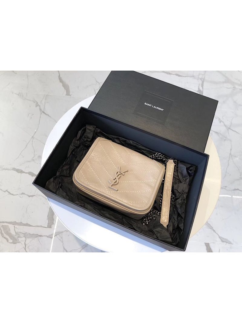 YSL Saint Laurent Niki Chain Wallet In Crinkled Vintage Leather 583103 Light Natural