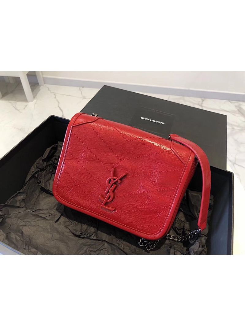 YSL Saint Laurent Niki Chain Wallet In Crinkled Vintage Leather 583103 Red
