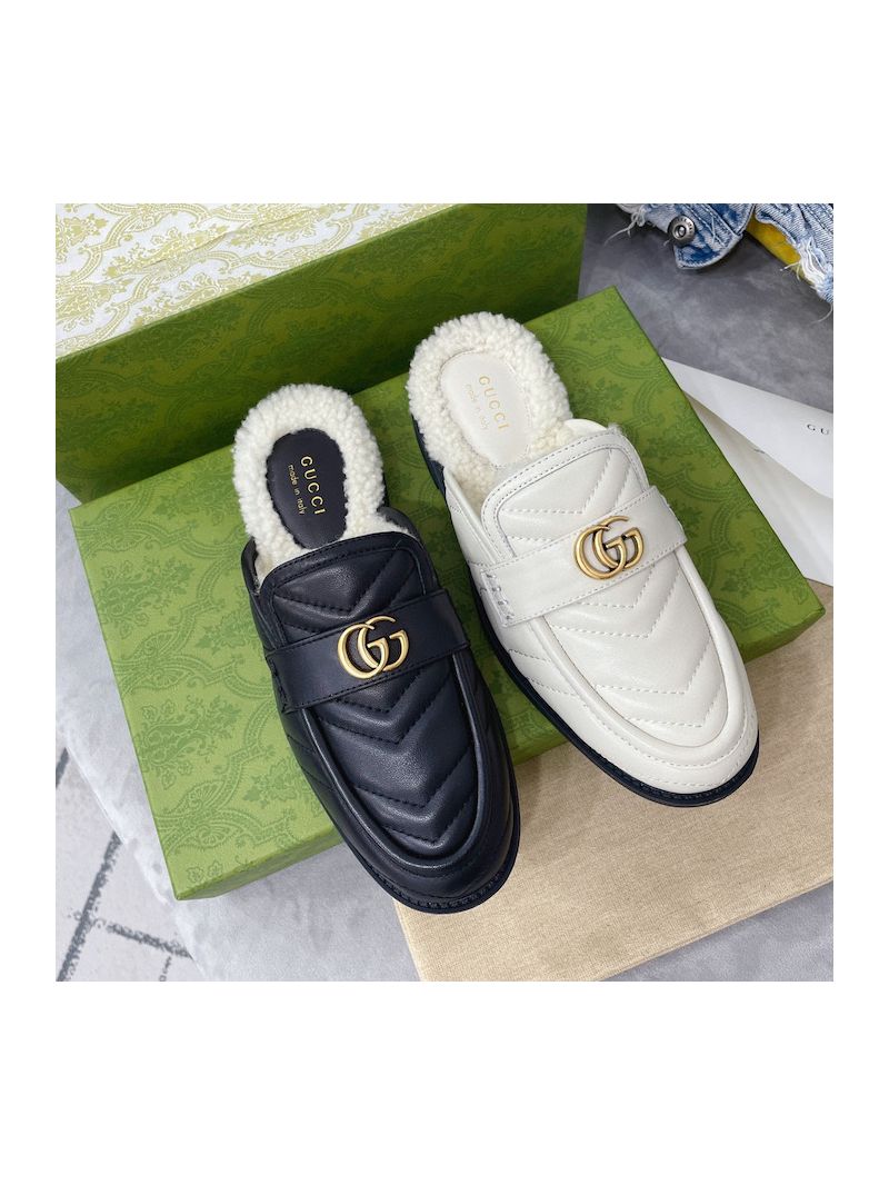 Gucci Aria Slipper With Double G 670400 Black Chevron Matelasse Leather with Merino Wool