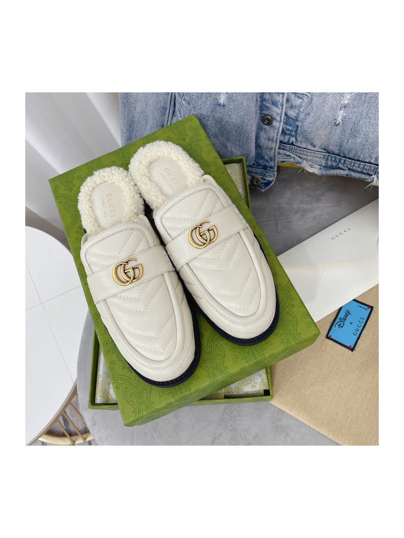 Gucci Aria Slipper With Double G 670400 White Chevron Matelasse Leather with Merino Wool