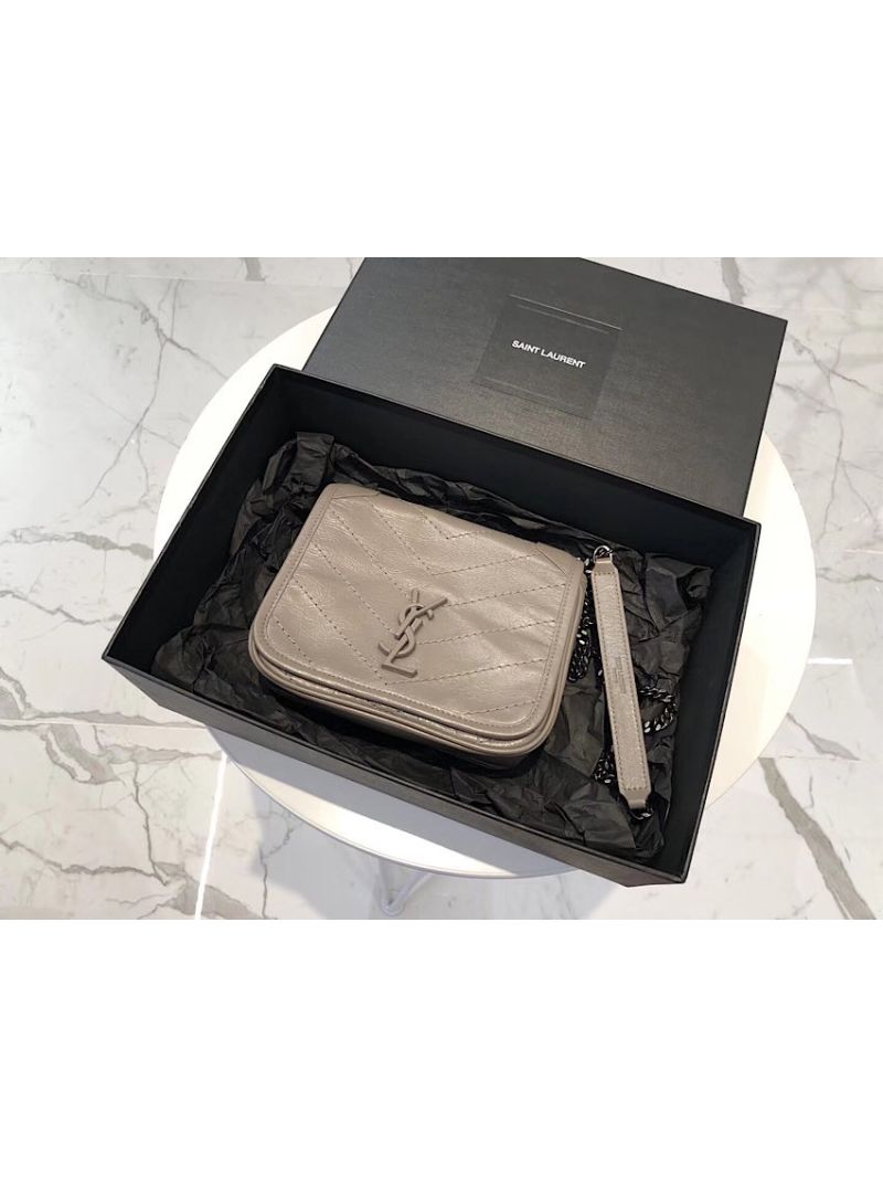 YSL Saint Laurent Niki Chain Wallet In Crinkled Vintage Leather 583103 Fog